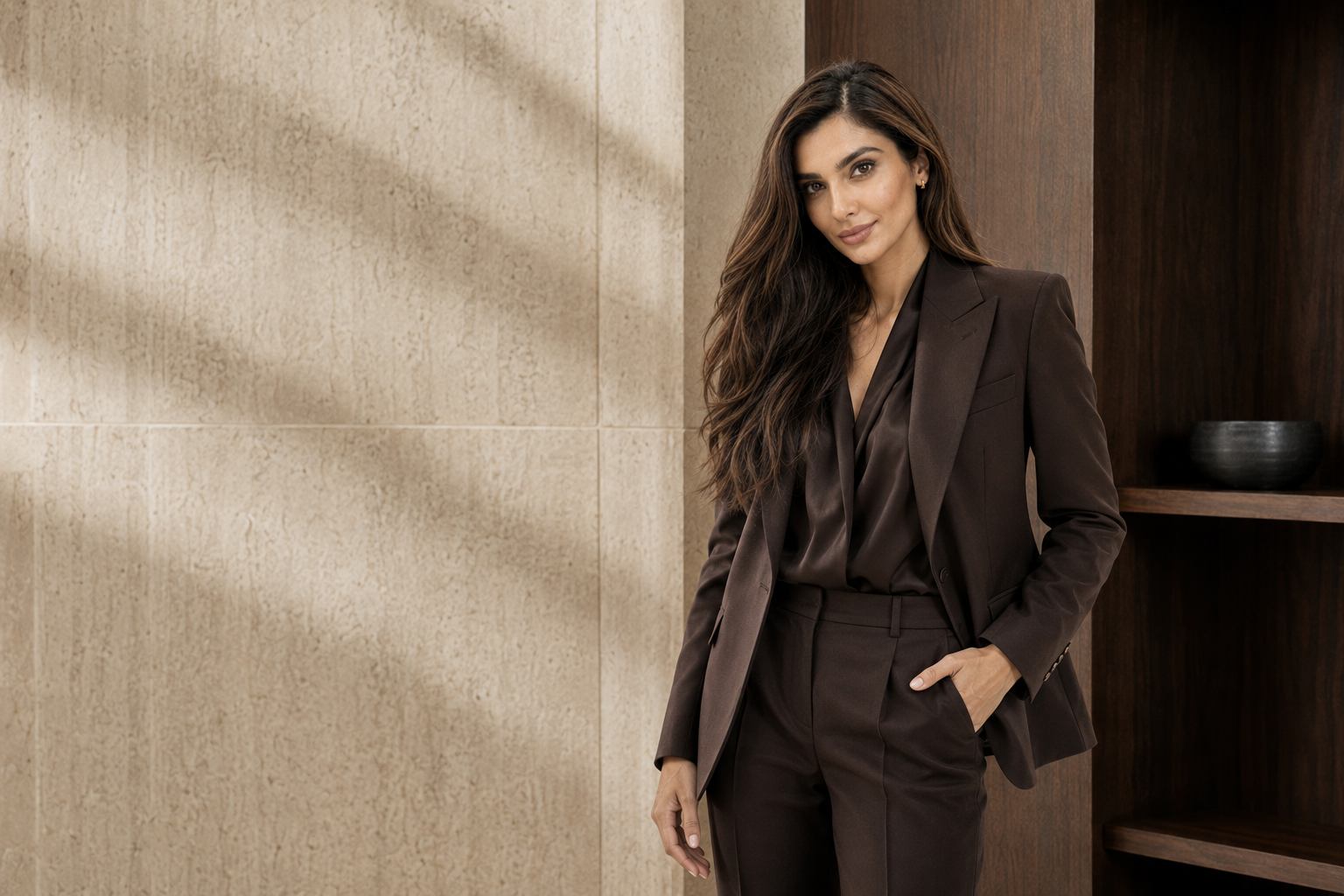 Portrait of Dr Amy Chahal wearing a brown suit