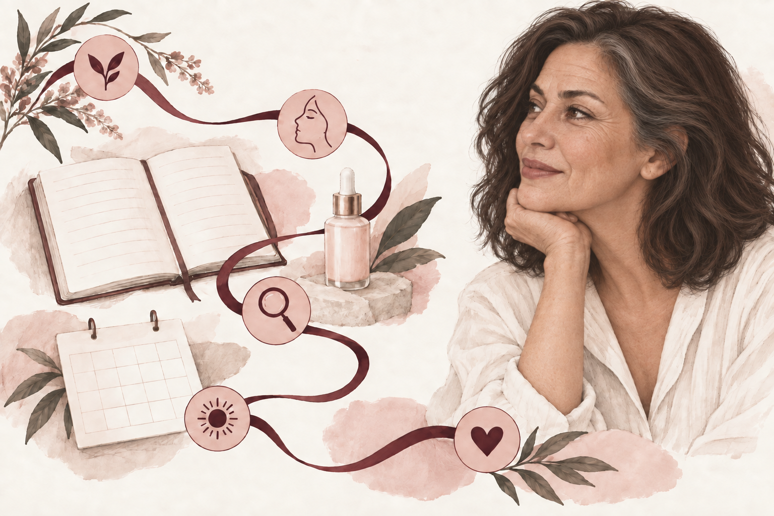 Editorial illustration of a woman beside an open care-planning notebook, skincare and a winding path.
