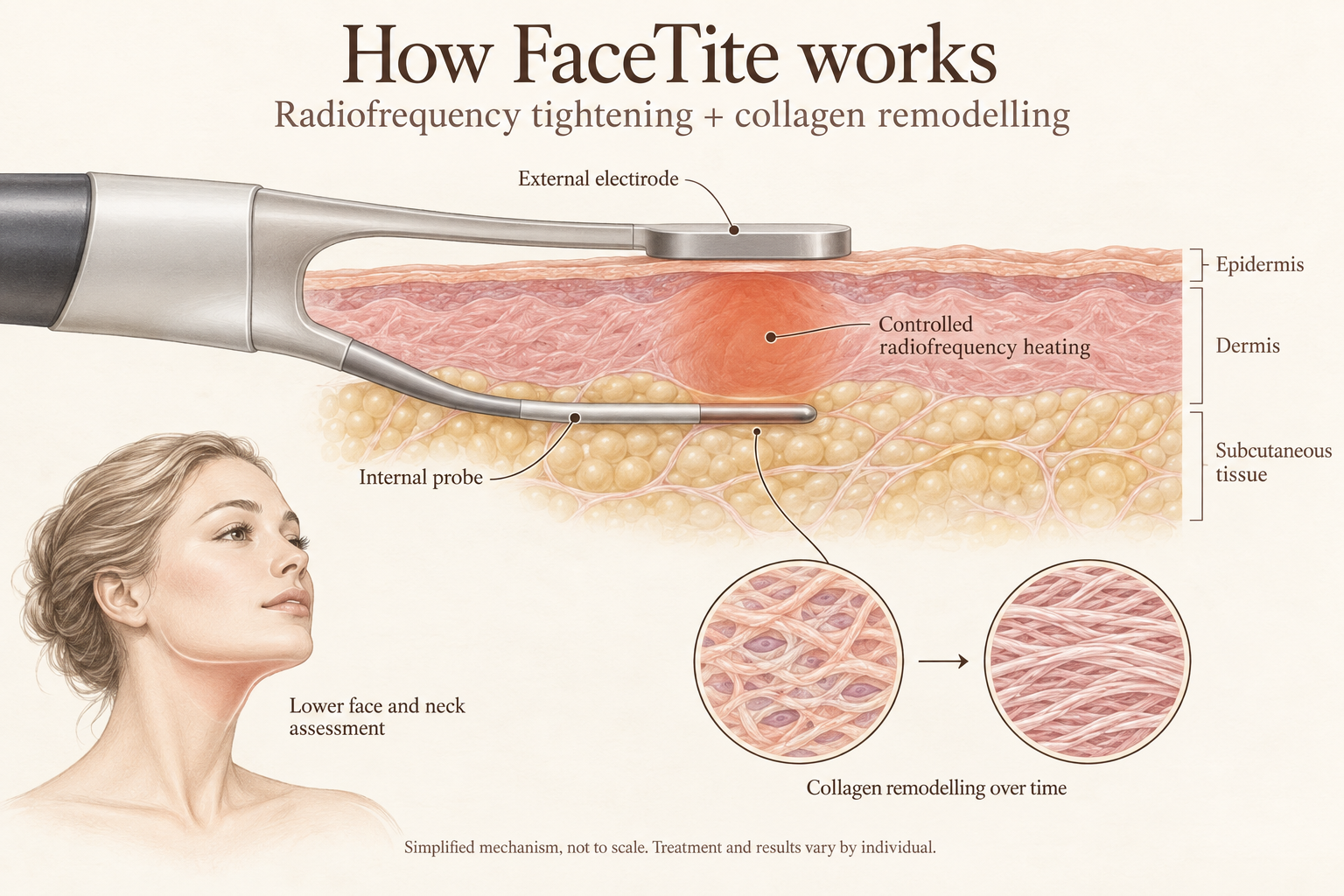 Simplified FaceTite cutaway showing an internal probe below the skin, an external electrode on the surface and radiofrequency heating between them.