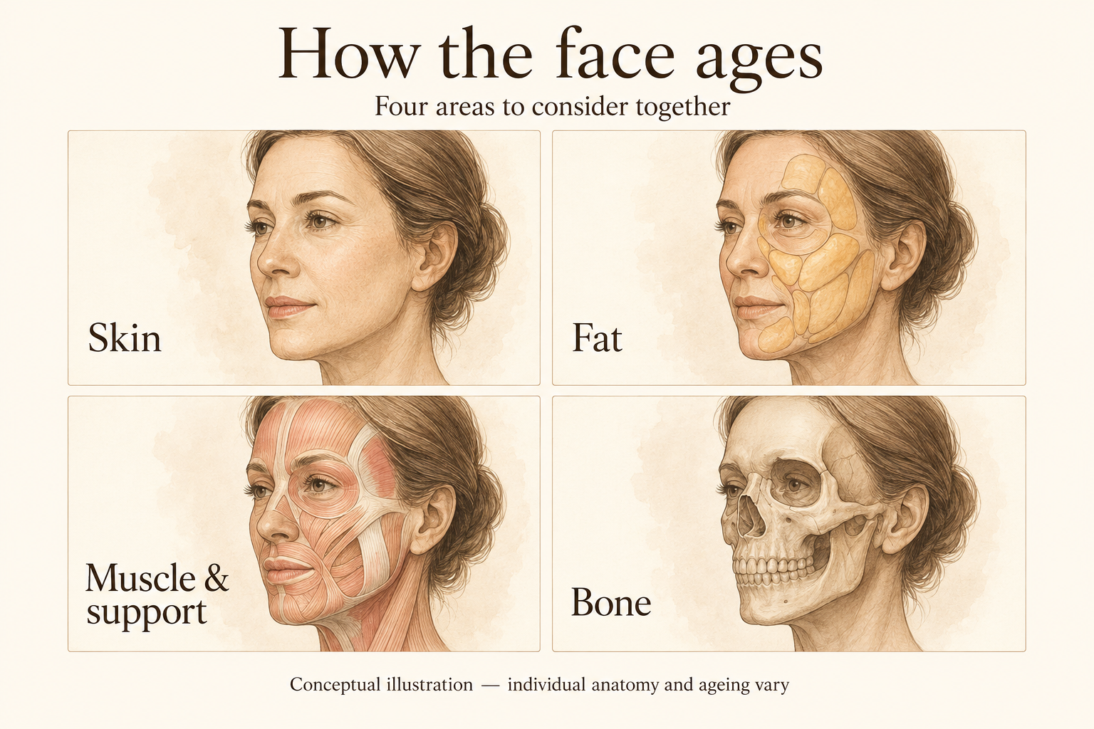 Conceptual drawing of four aspects of facial ageing: skin, facial fat, muscle and connective support, and bone