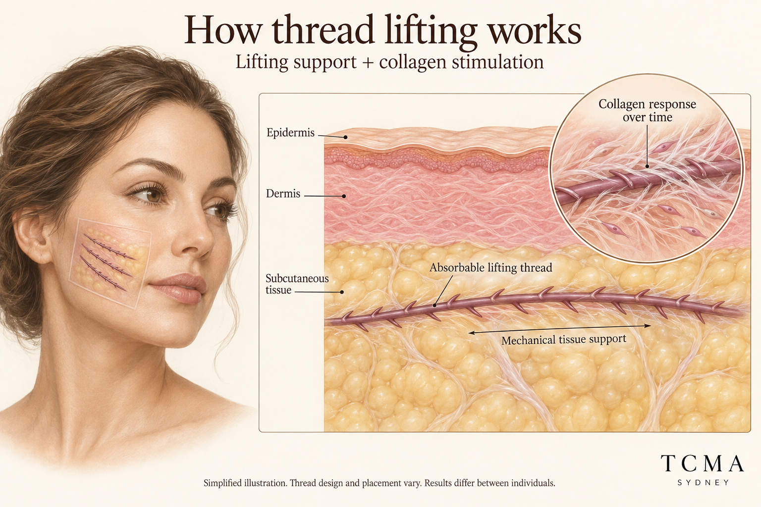 Simplified skin cutaway showing a barbed lifting thread beneath the dermis and collagen formation around the thread.