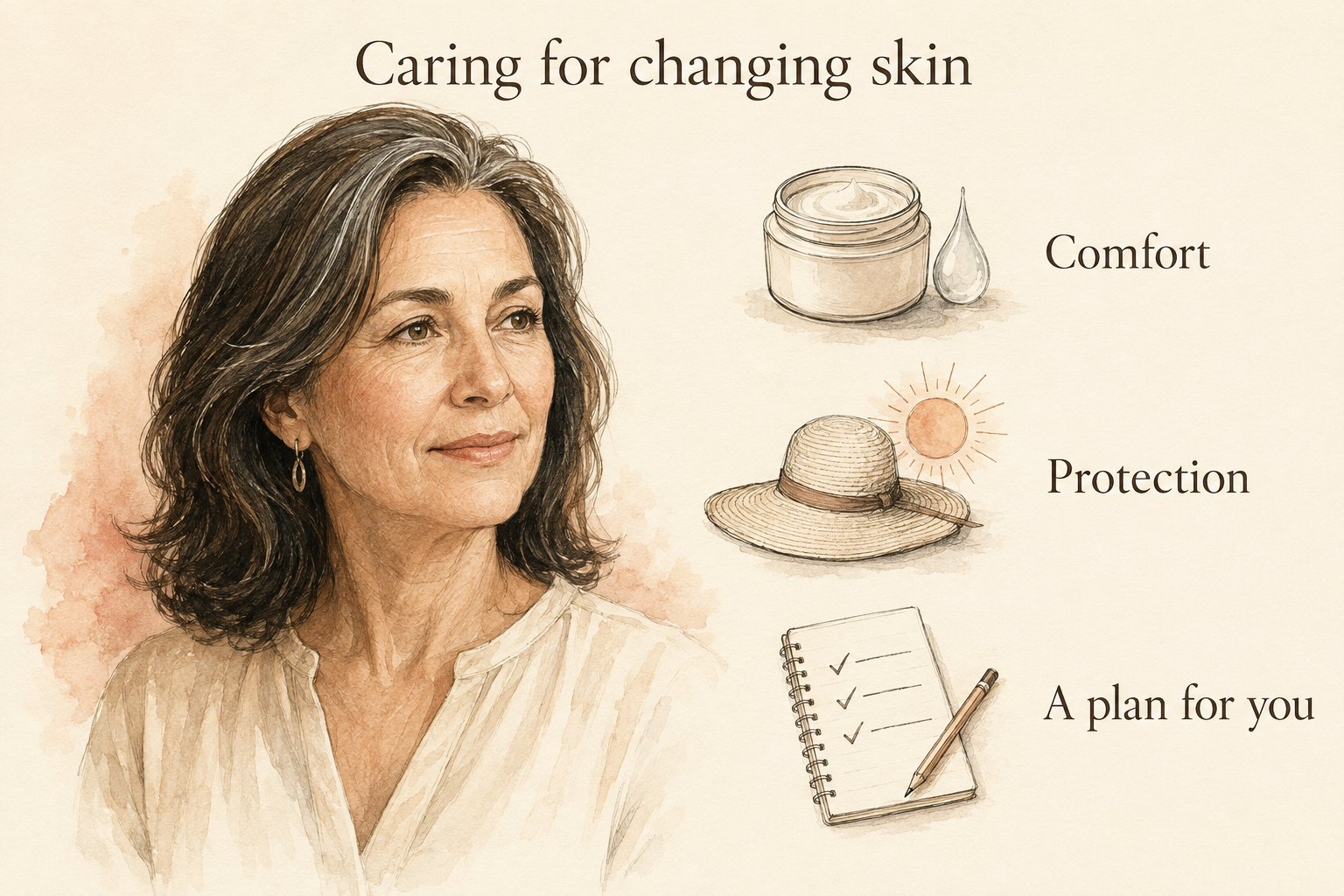 Illustration of a mature woman beside three skincare priorities: comfort, protection and a personal plan