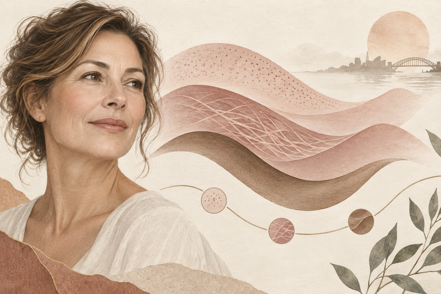 Conceptual illustration of a woman beside overlapping layers representing skin surface, collagen support and facial contours, connected by a care pathway.