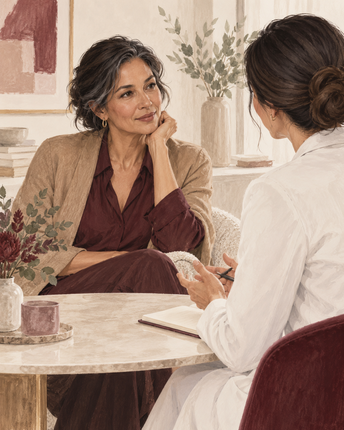 Editorial illustration of a woman discussing her concerns during a thoughtful consultation